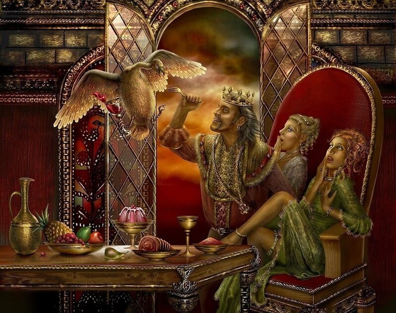King feeding bird at feast