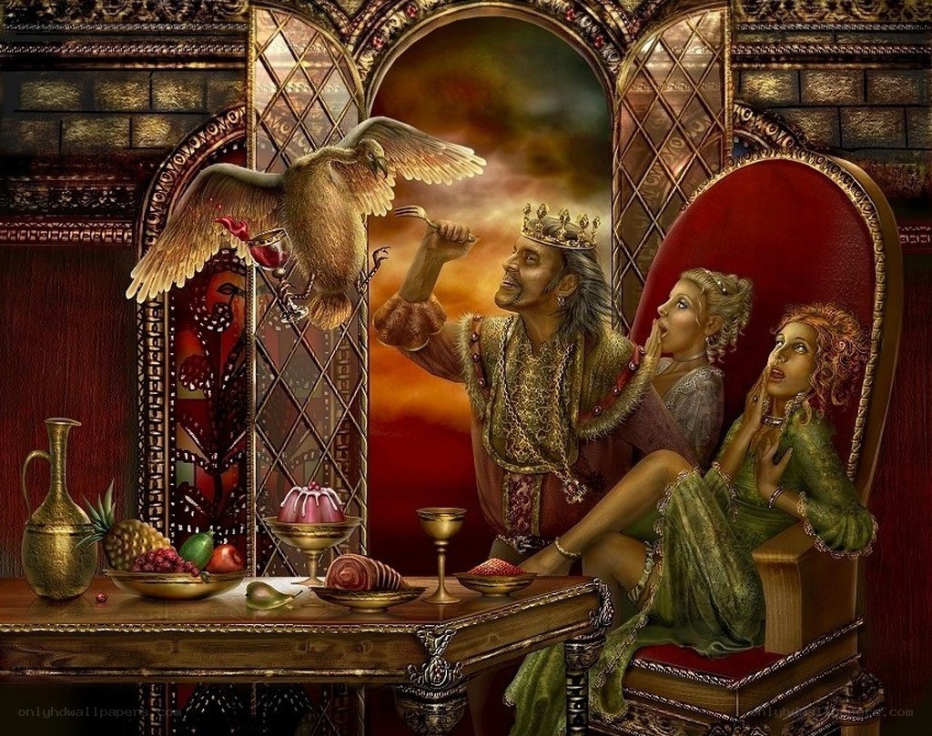 King feeding bird at feast