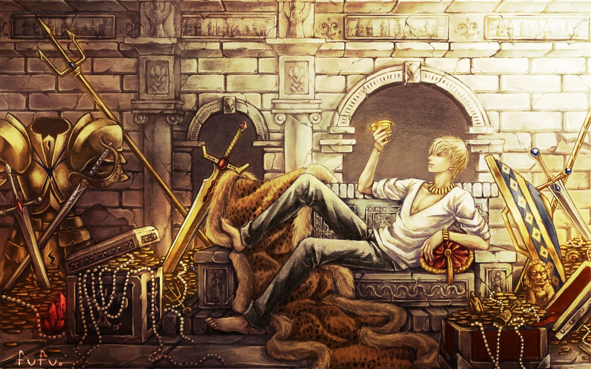 king lounging in treasure room
