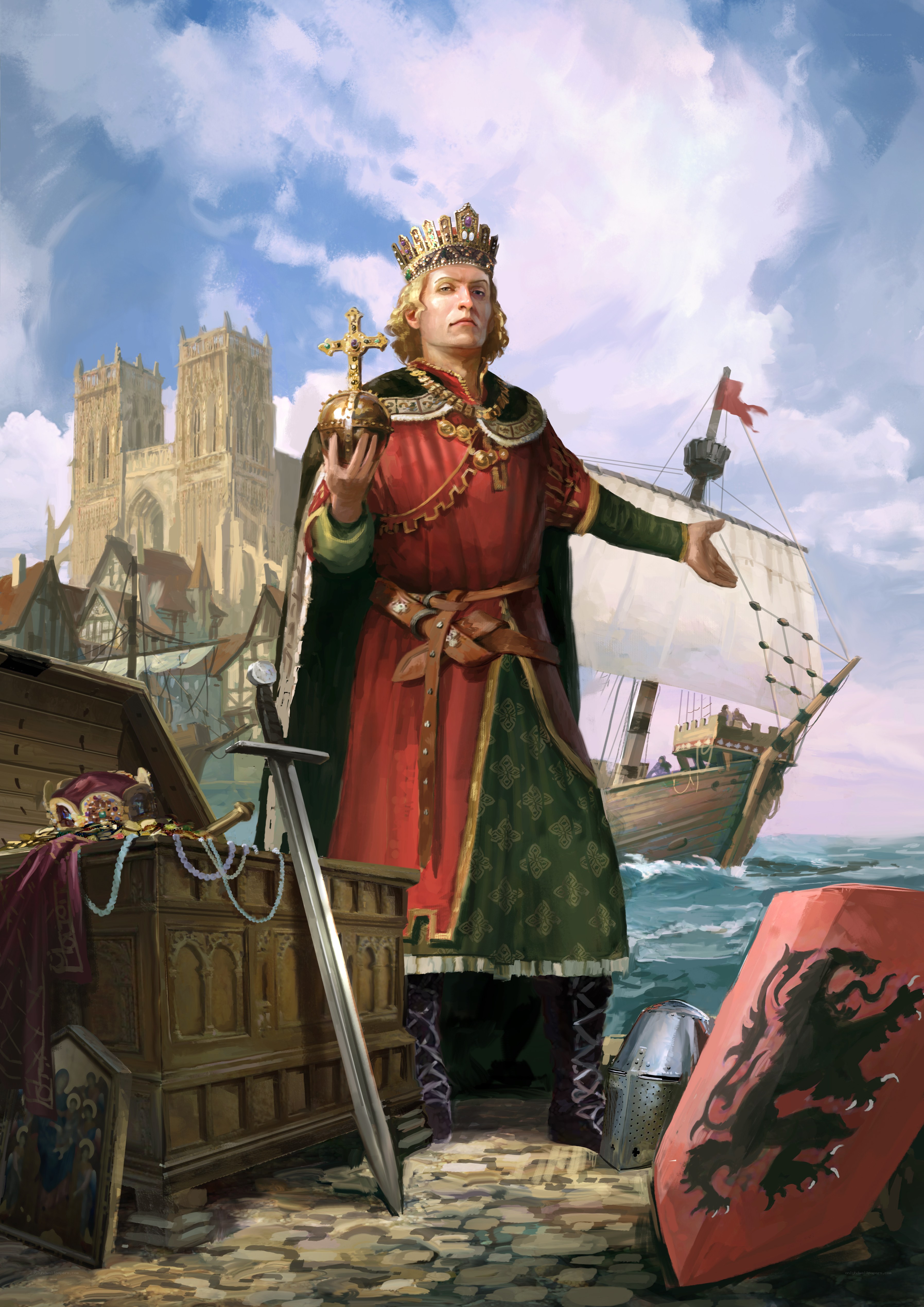 King on a dock with ship