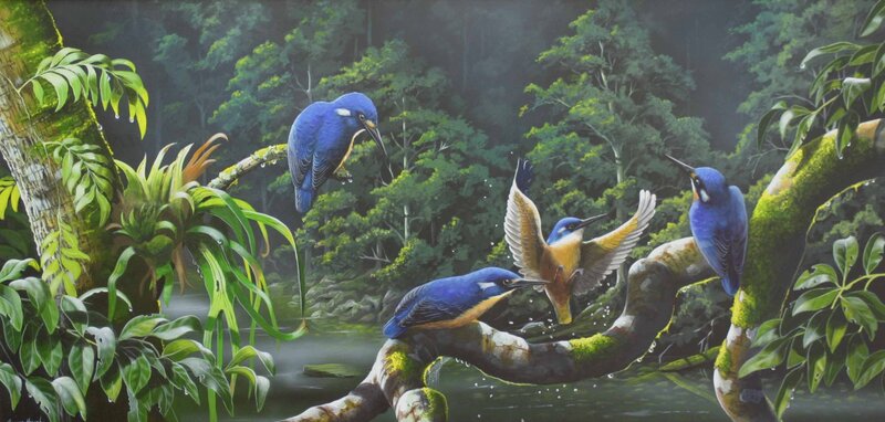 Kingfishers in a lush forest