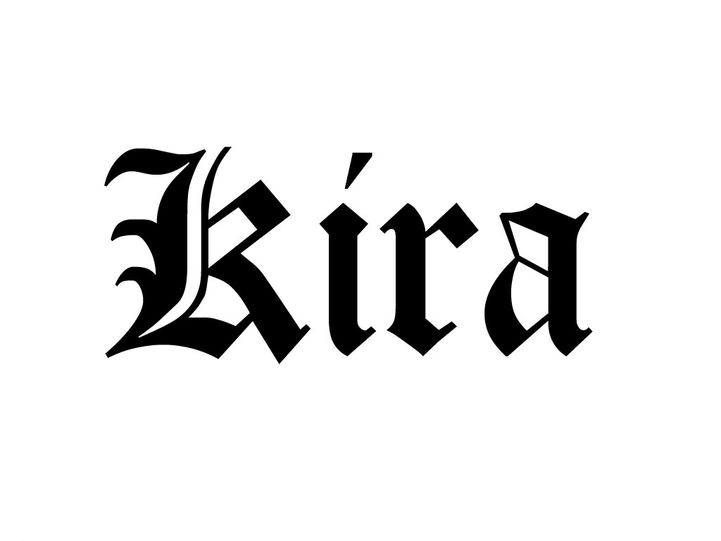 Kira text in black font