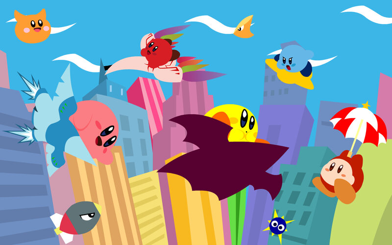 Kirby characters in a city