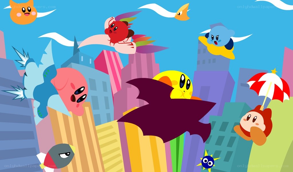 Kirby characters in a city