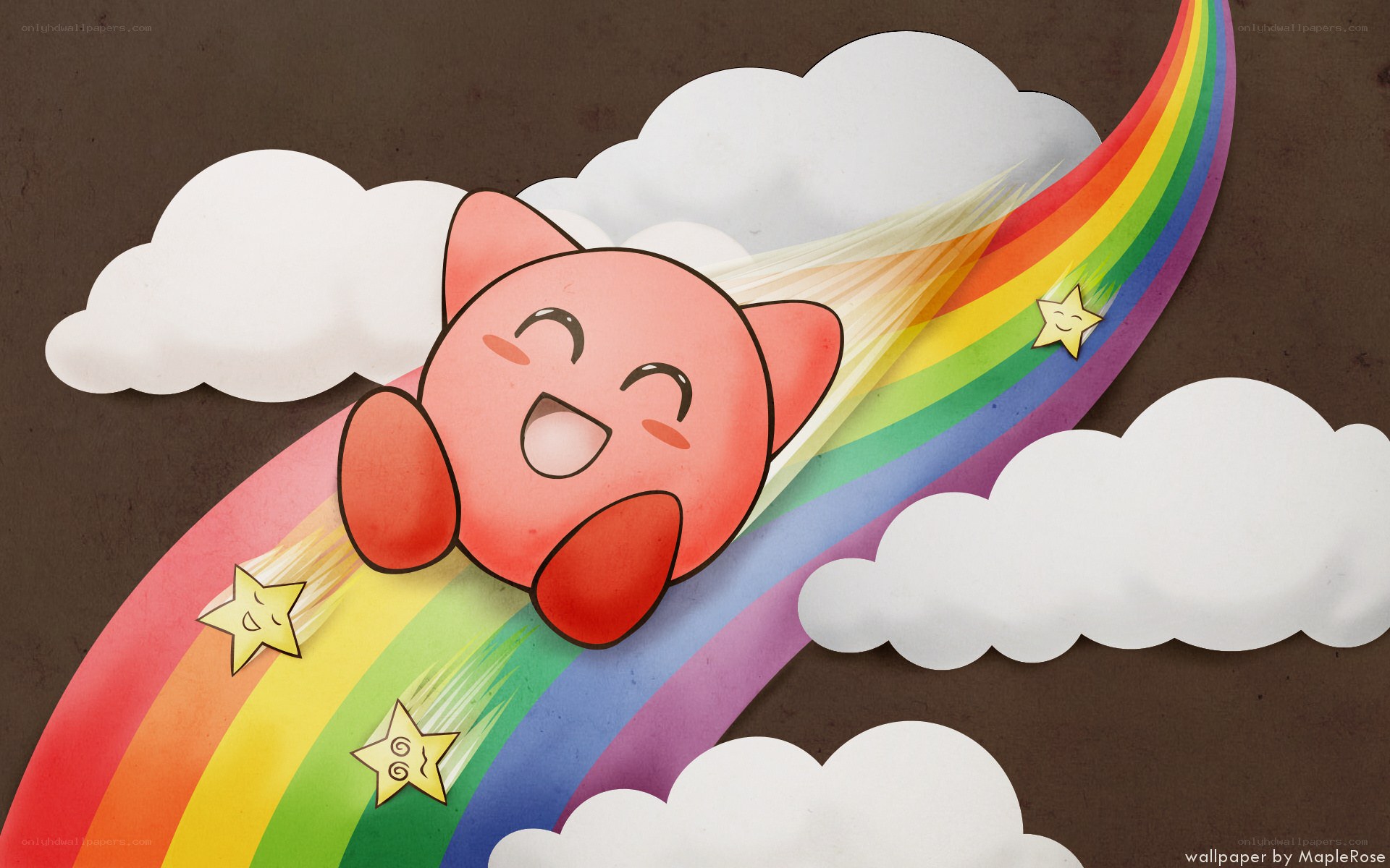 Kirby flying on a rainbow