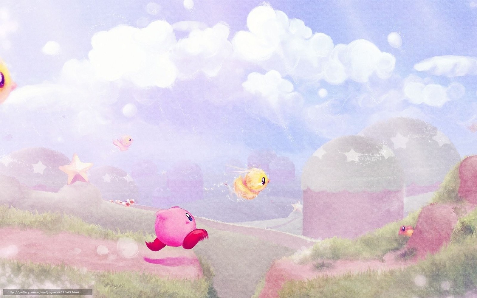 Kirby in a dreamy landscape
