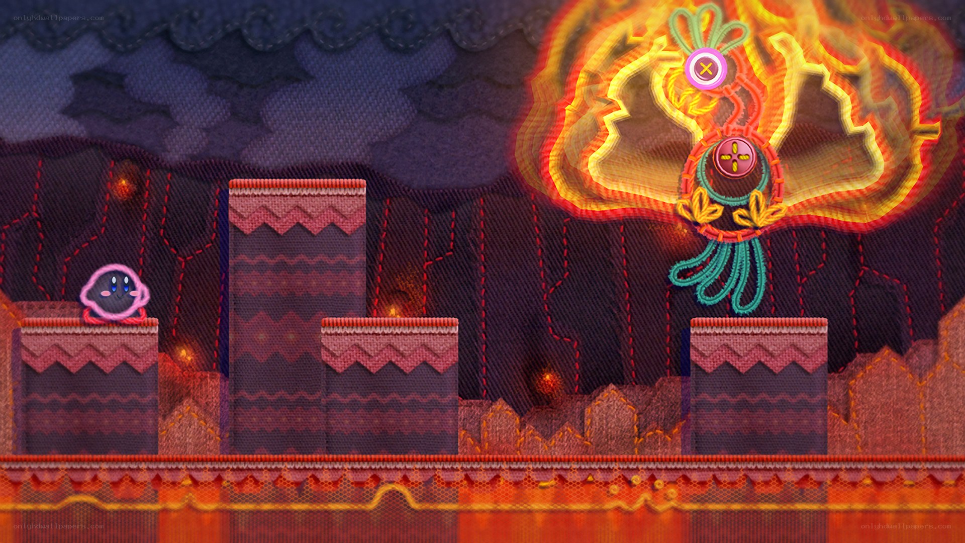 Kirby in a fiery cave