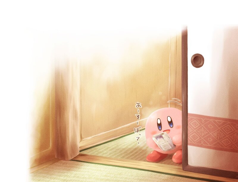 Kirby peeking from behind a door