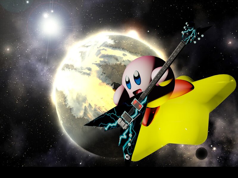 Kirby playing guitar in space