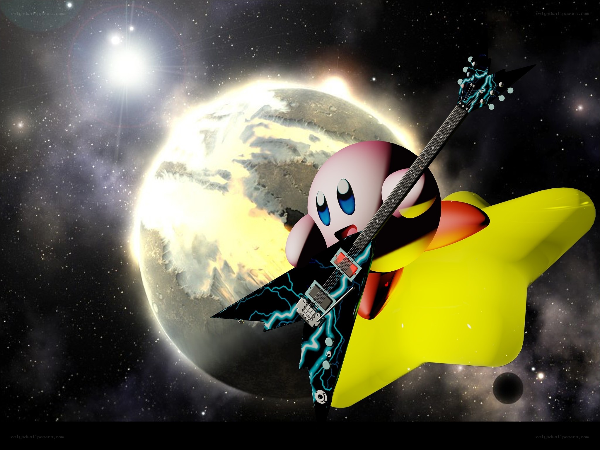 Kirby playing guitar in space