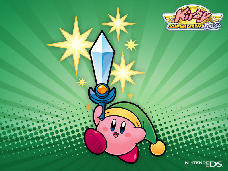 Kirby with sword in green background