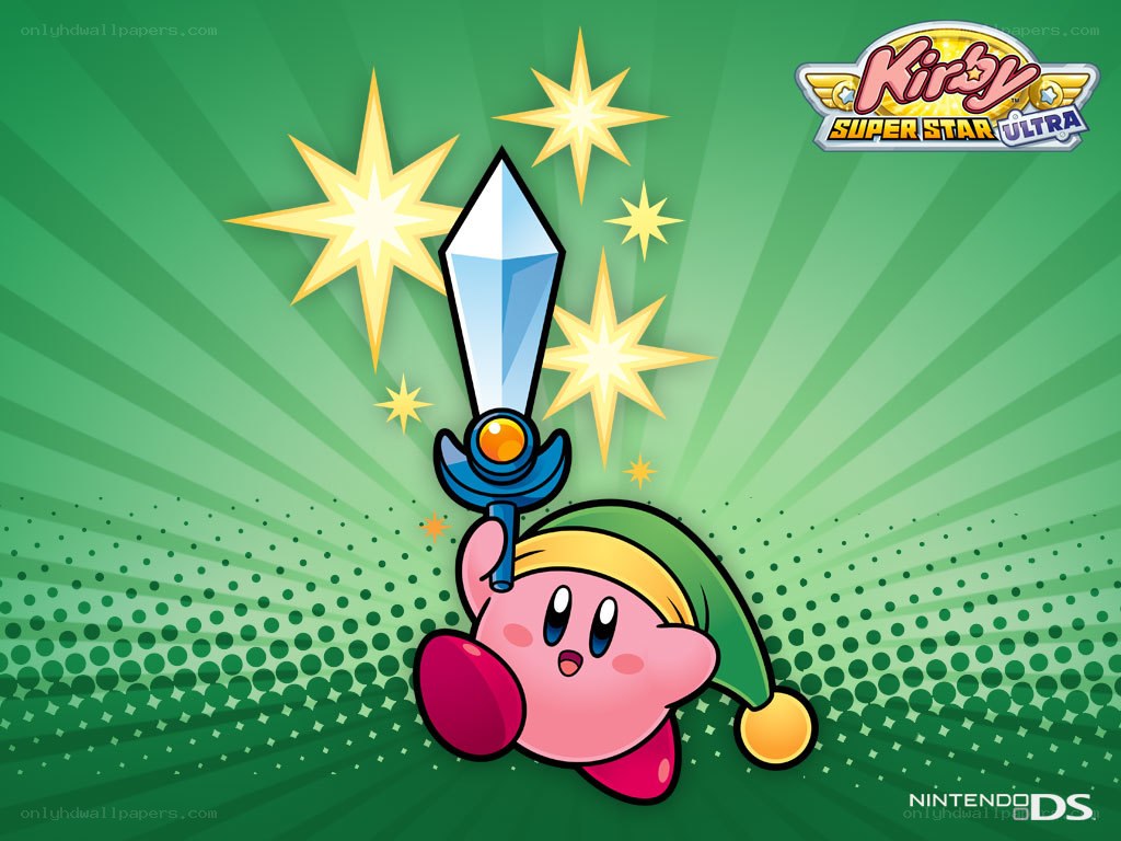 Kirby with sword in green background
