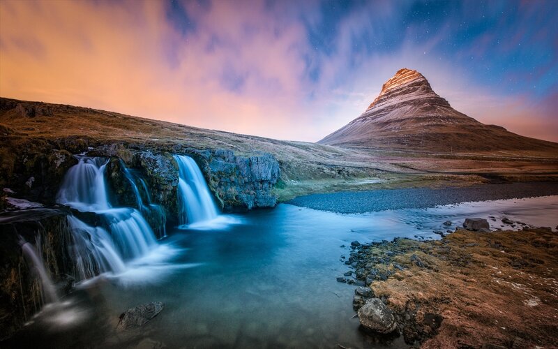 Kirkjufell Mountain — Blue, Serene, Night