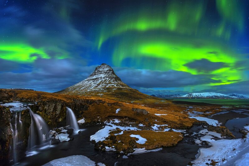 Kirkjufell Mountain — Green, Dramatic, Night, Photograph, Aurora Borealis
