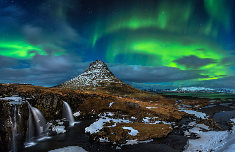 Kirkjufell Mountain — Green, Dramatic, Night, Photograph, Aurora Borealis, Waterfall, Snow