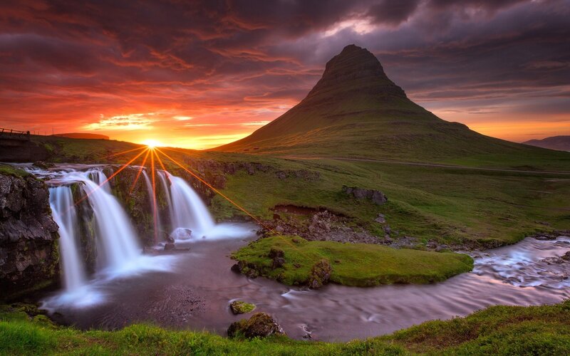 Kirkjufell Mountain — Green, Dramatic, Sunset, Photograph, Waterfall, River