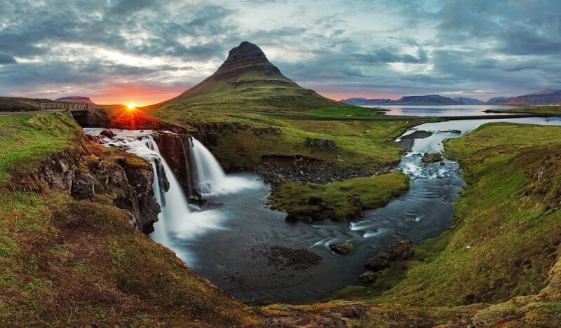 Kirkjufell Mountain — Green, Dramatic, Sunset, Photograph, Waterfall