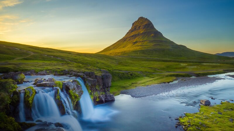 Kirkjufell Mountain — Green, Serene, Sunset, Photograph, Waterfall, River, Green Hills