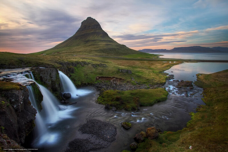 Kirkjufell Mountain — Green, Serene, Sunset, Photograph, Waterfall, River