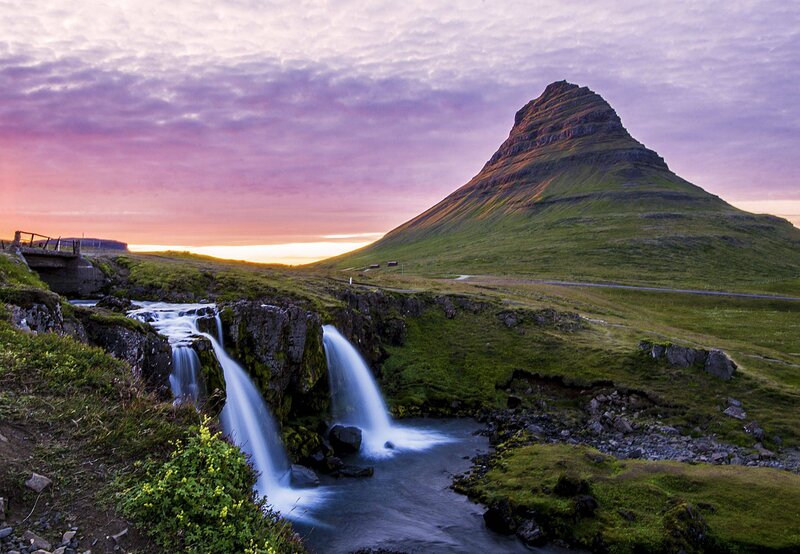 Kirkjufell Mountain — Green, Serene, Sunset