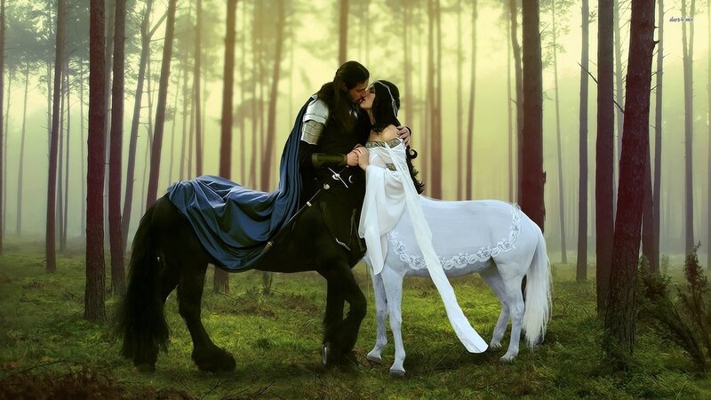 Kissing Couple on Horses