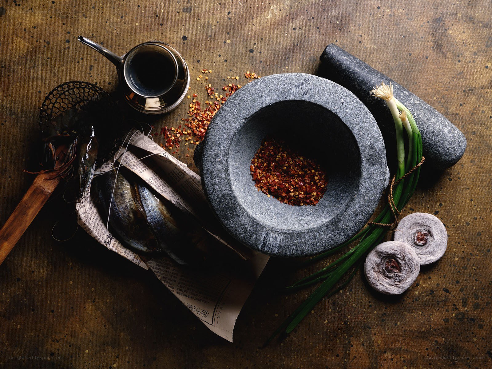 Kitchen ingredients and mortar