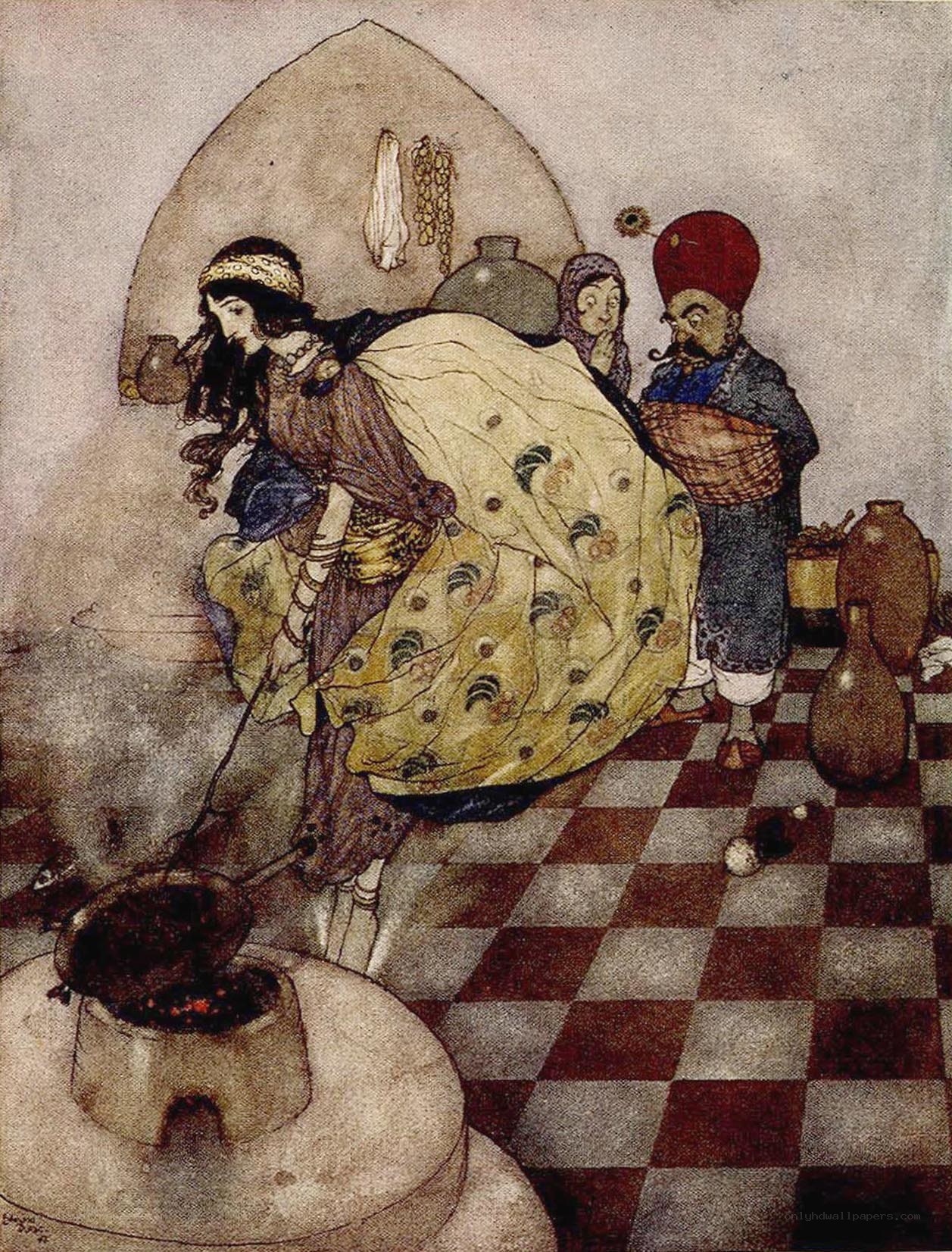 Kitchen scene with characters