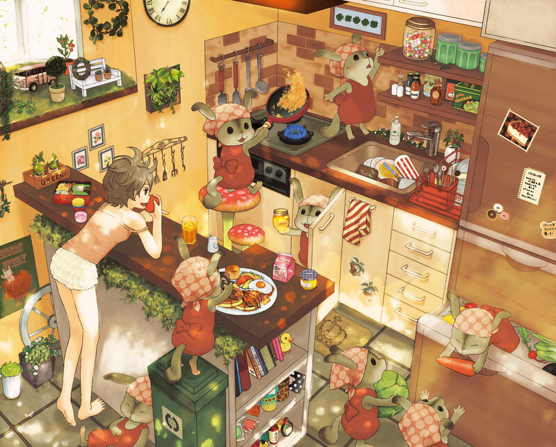 kitchen with anthropomorphic rabbits