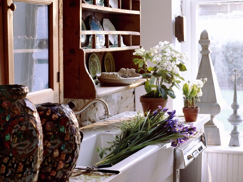 kitchen with flowers and dishes
