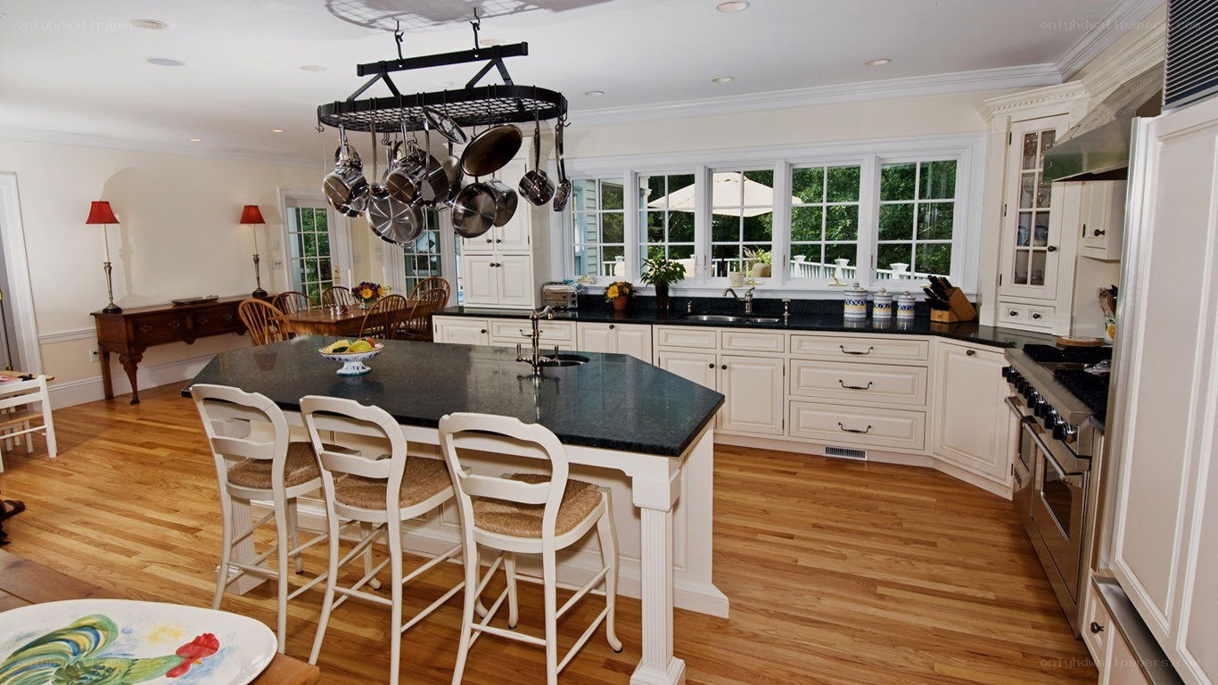 kitchen with island and pot rack
