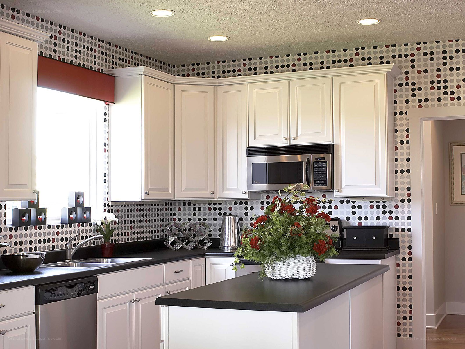 kitchen with polka dot wallpaper