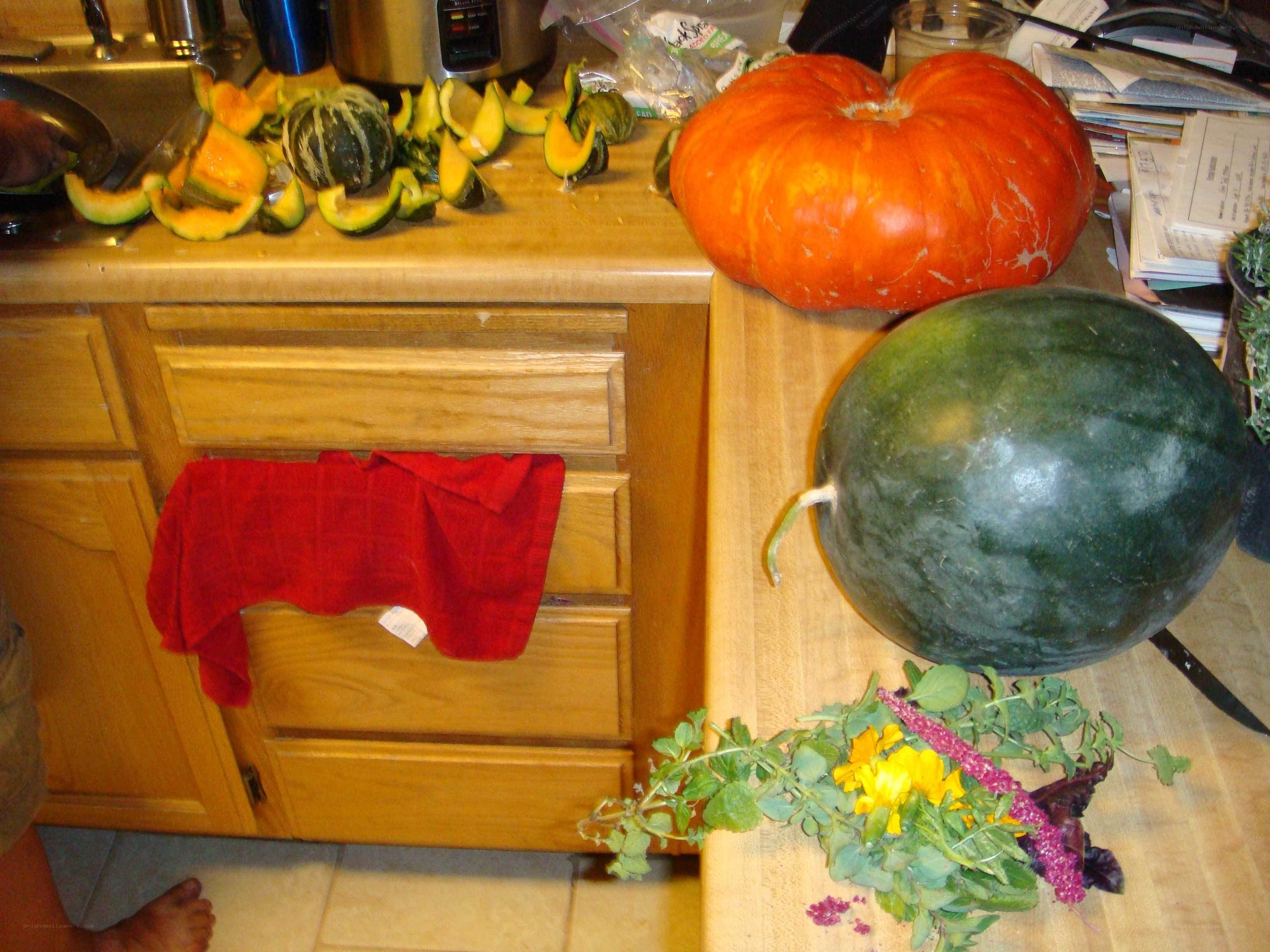 kitchen with pumpkins and watermelon
