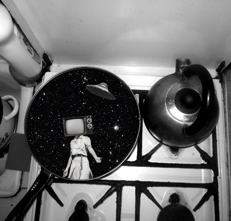kitchen with surreal frying pan