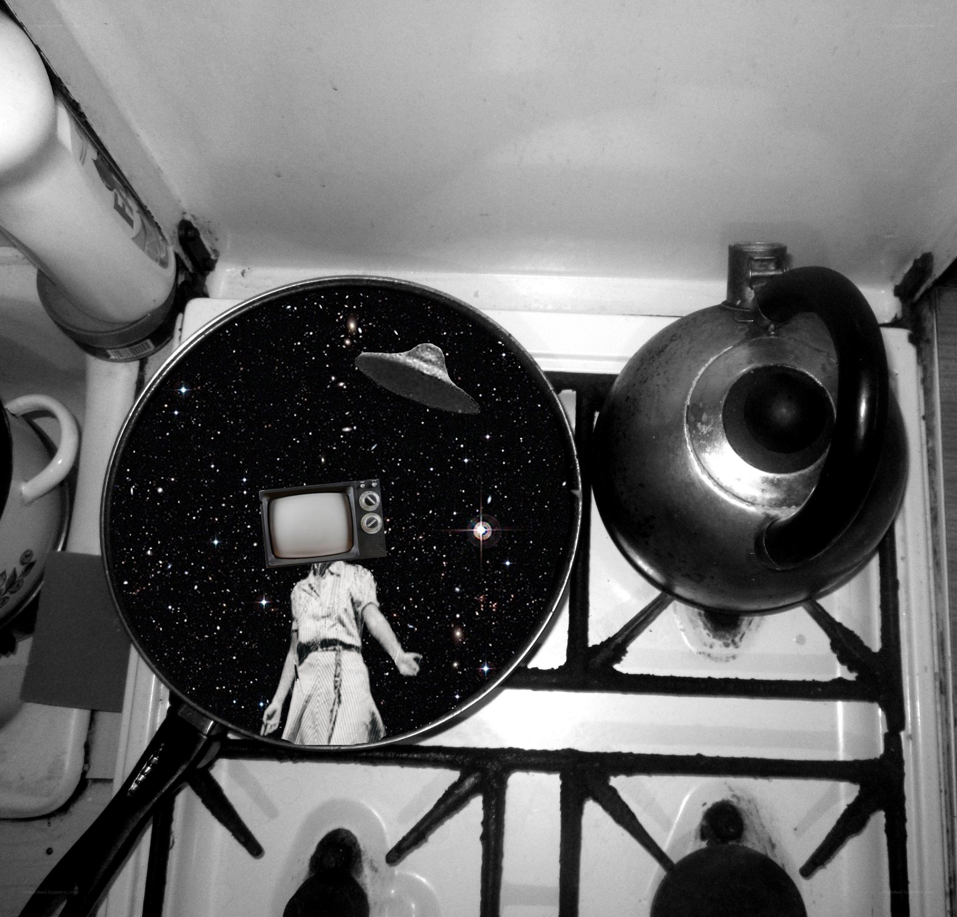 kitchen with surreal frying pan