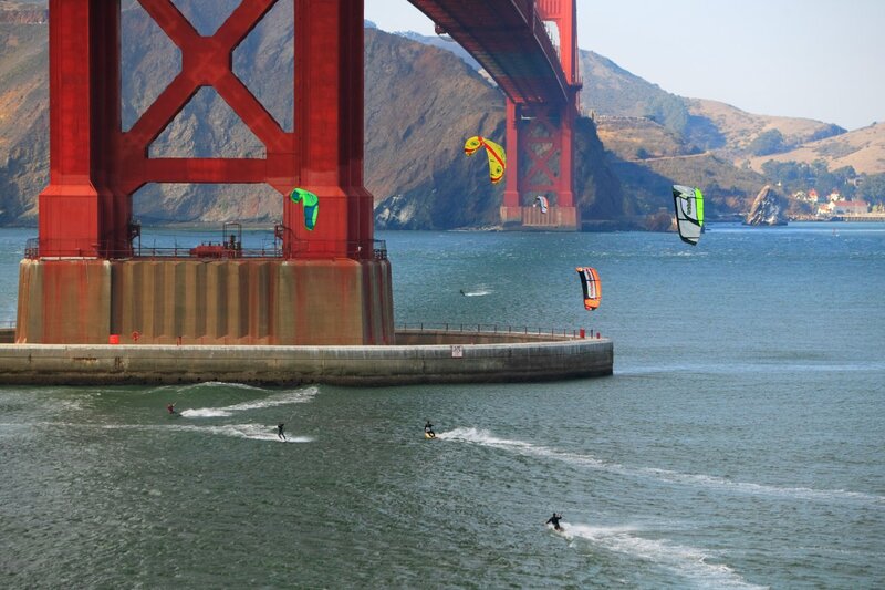 Kite surfers near Golden Gate Bridge