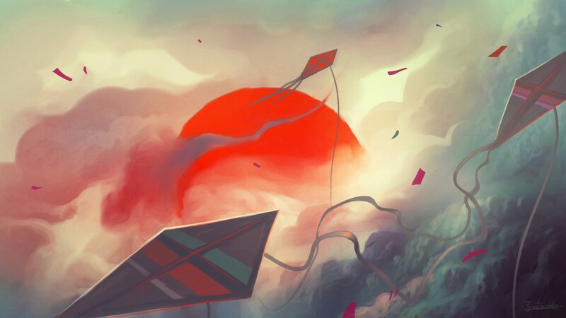 Kites Flying in Clouds