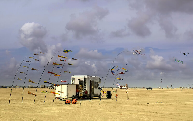 Kites on a sandy field