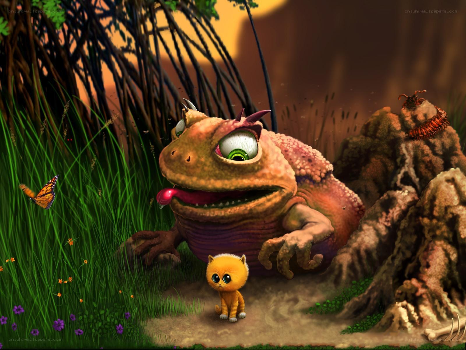 kitten and giant toad in forest