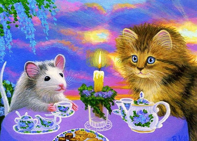 Kitten and Mouse at Tea