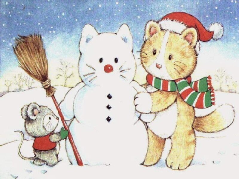 Kitten and Mouse with Snowman