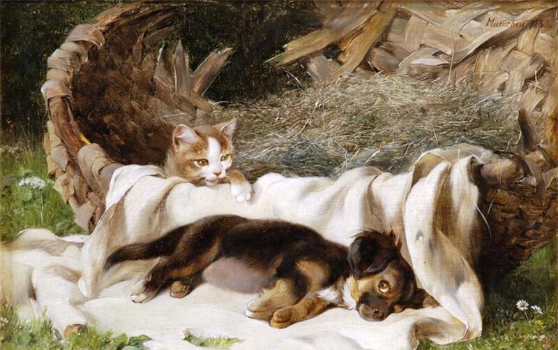 Kitten and Puppy in Basket — Brown