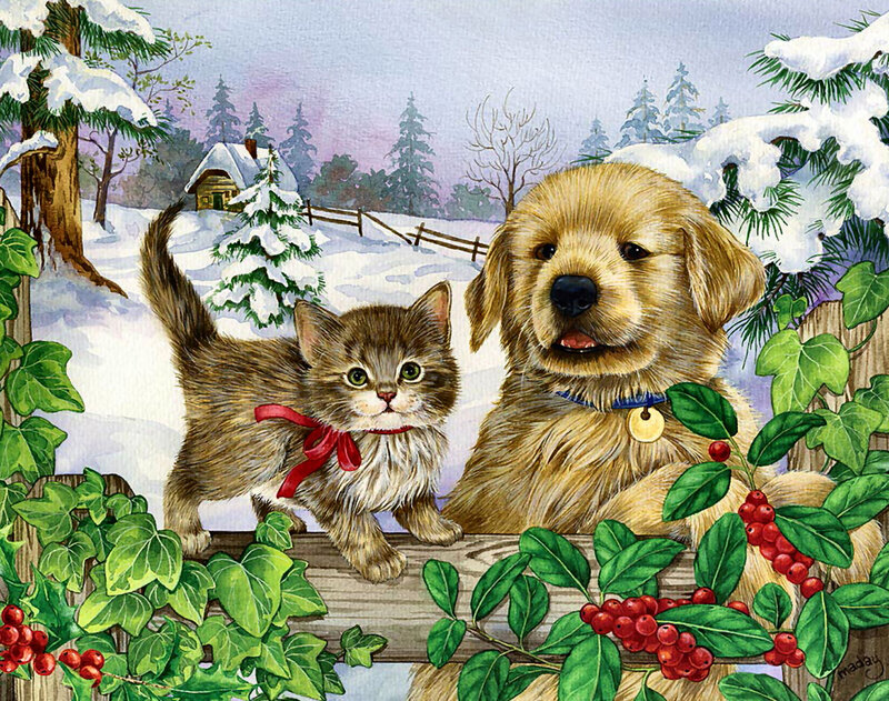 Kitten and Puppy in Snow