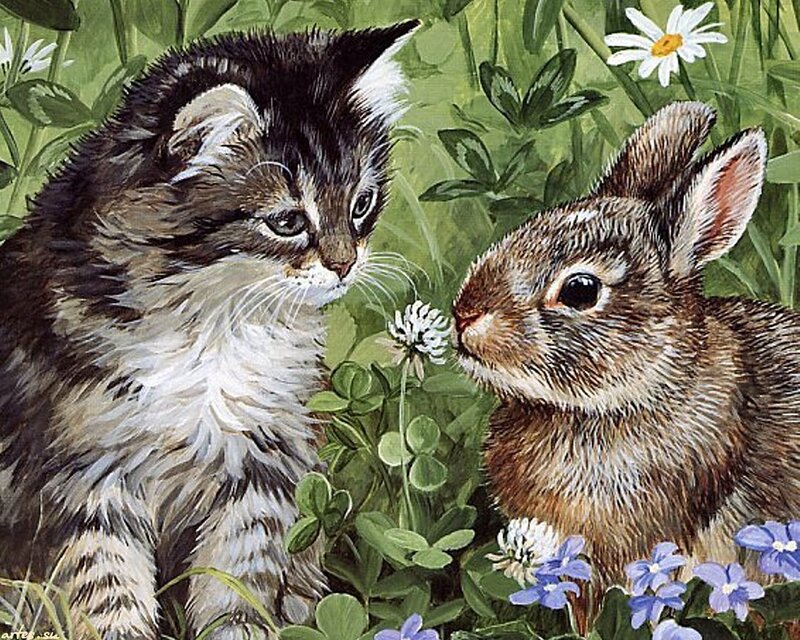 Kitten and Rabbit in Grass — Green