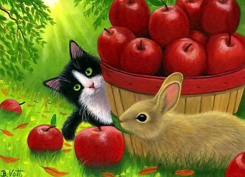 Kitten and Rabbit with Apples — Red