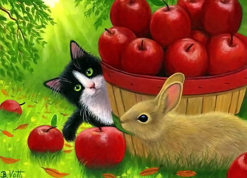 Kitten and Rabbit with Apples