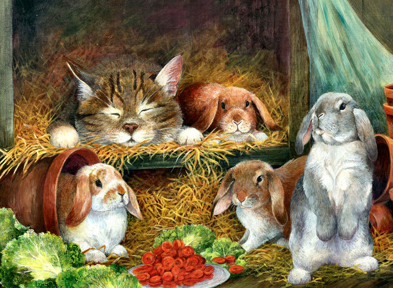 Kitten and Rabbits in Hay