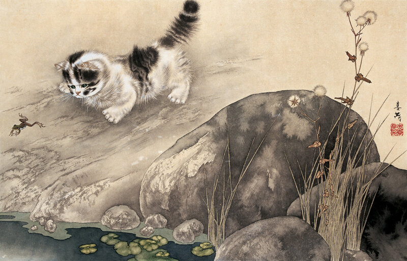 Kitten Chasing Frog