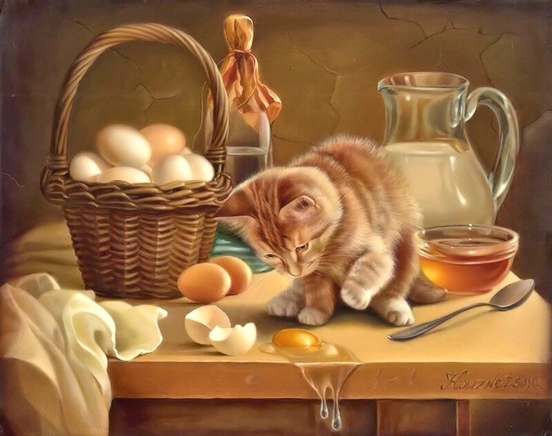 Kitten Eating Egg