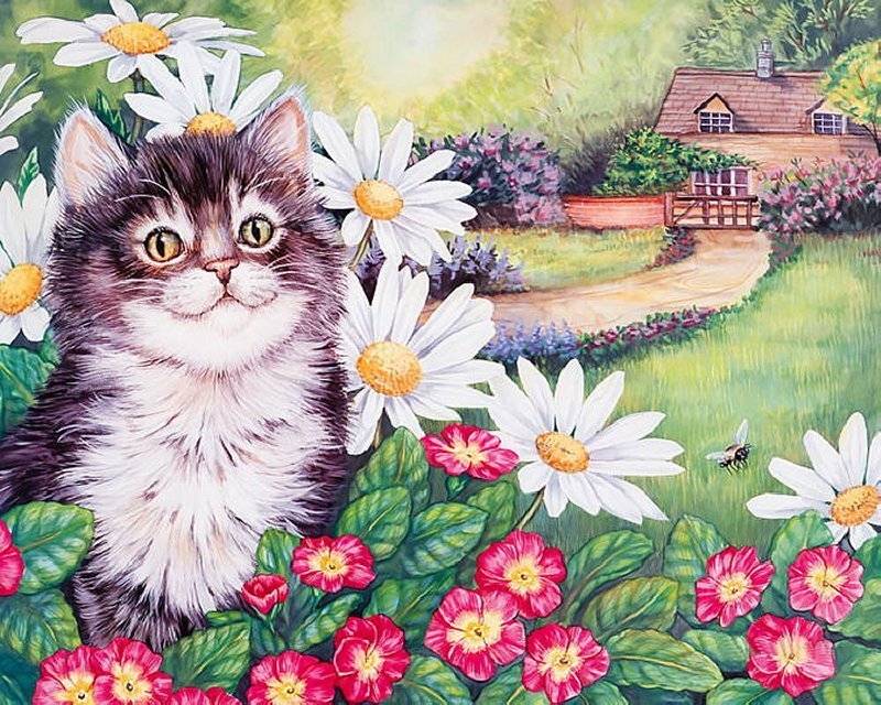 Kitten in a Flower Garden — Green