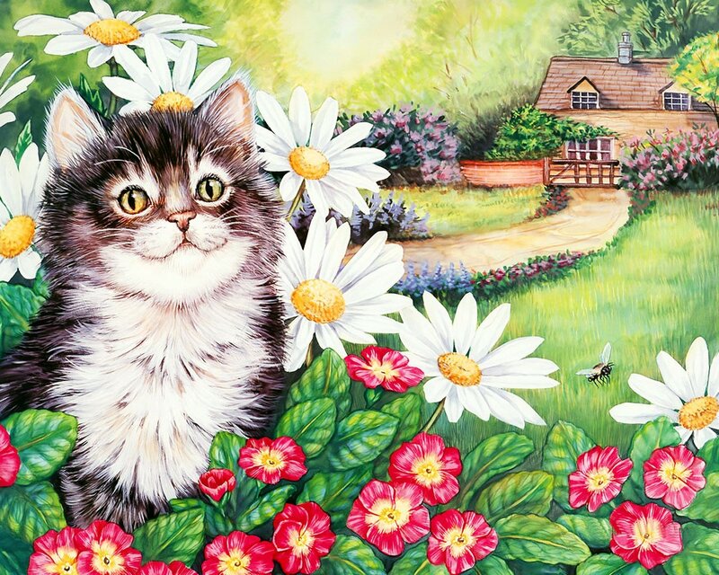 Kitten in Flowers — Green, Serene, Afternoon